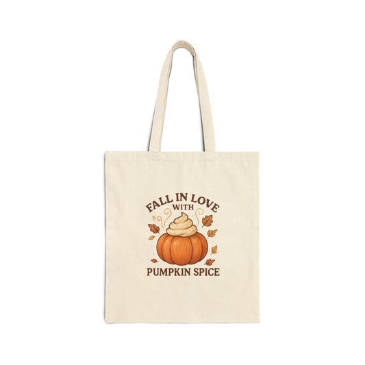 Fall in Love with Pumpkin Spice Tote Bag – Cute Autumn Canvas Bag with Whipped Cream Pumpkin & Leaves | Fall Market Tote