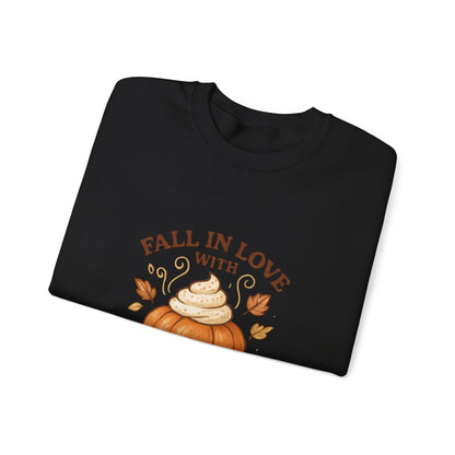 Pumpkin Spice Fall Sweatshirt – “Fall in Love with Pumpkin Spice” Cozy Crewneck with Whipped Cream Pumpkin & Leaves