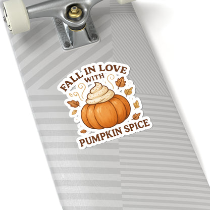 Pumpkin Spice Everything Sticker – “Fall in Love with Pumpkin Spice” Autumn Sticker with Whipped Cream Pumpkin & Leaves