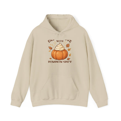 Pumpkin Spice Fall Hooded Sweatshirt – “Fall in Love with Pumpkin Spice” Cozy Crewneck with Whipped Cream Pumpkin & Leaves