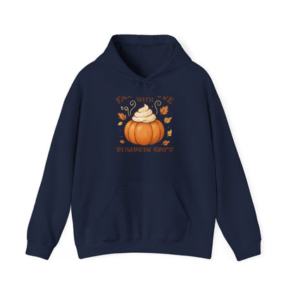 Pumpkin Spice Fall Hooded Sweatshirt – “Fall in Love with Pumpkin Spice” Cozy Crewneck with Whipped Cream Pumpkin & Leaves