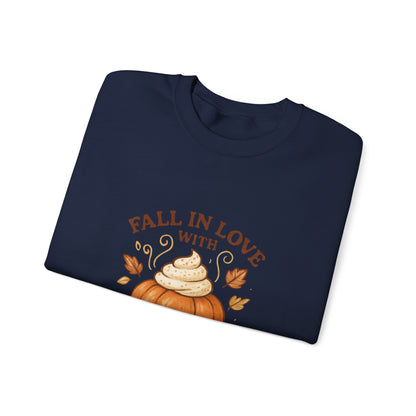 Pumpkin Spice Fall Sweatshirt – “Fall in Love with Pumpkin Spice” Cozy Crewneck with Whipped Cream Pumpkin & Leaves