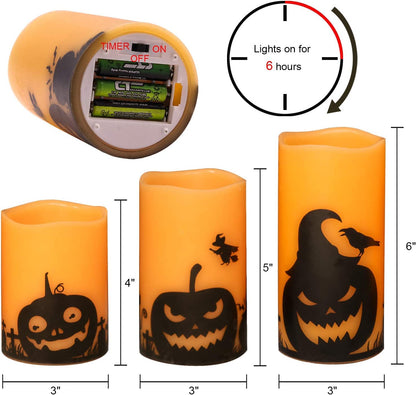 Spooktacular Halloween Flameless Candles Set - LED Flickering Pillar Candles with 6H Timer & Pumpkin Decals - Perfect for Fall Festival Decor (Set of 3: 3”, 4”, 5” Heights)