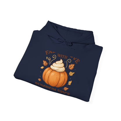 Pumpkin Spice Fall Hooded Sweatshirt – “Fall in Love with Pumpkin Spice” Cozy Crewneck with Whipped Cream Pumpkin & Leaves