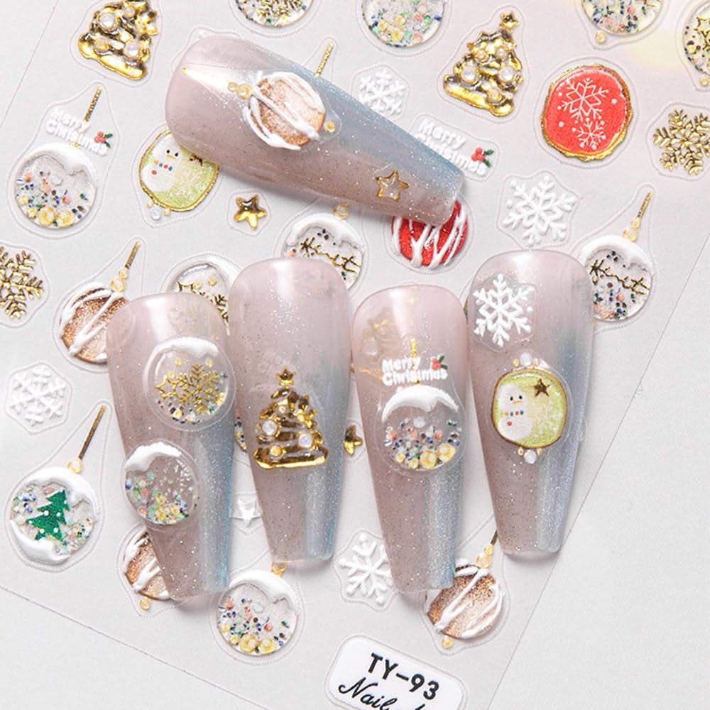 5D Embossed Christmas Nail Stickers Xmas Crystal Ball Nail Sticker Christmas Nail Decals for Nail Art Supplies Winter Snowfalkes Snowman Christmas Tree Holiday Nail Art Stickers Nail Accessories