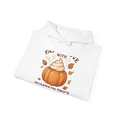Pumpkin Spice Fall Hooded Sweatshirt – “Fall in Love with Pumpkin Spice” Cozy Crewneck with Whipped Cream Pumpkin & Leaves