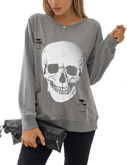 Gothic Skull Graphic Long Sleeve Sweatshirts for Women - Stylish Halloween Pullover Tops 2025
