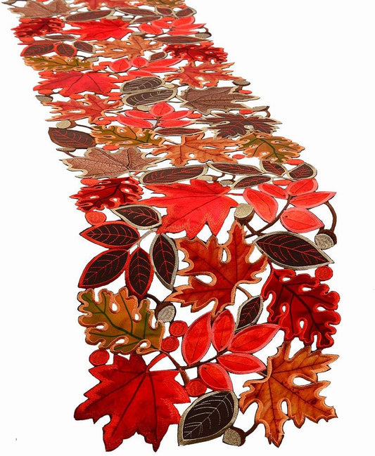 Elegant Embroidered Leaves Table Runner - Perfect for Thanksgiving & Autumn Decor (14 × 70 Inches)