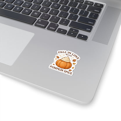 Pumpkin Spice Everything Sticker – “Fall in Love with Pumpkin Spice” Autumn Sticker with Whipped Cream Pumpkin & Leaves