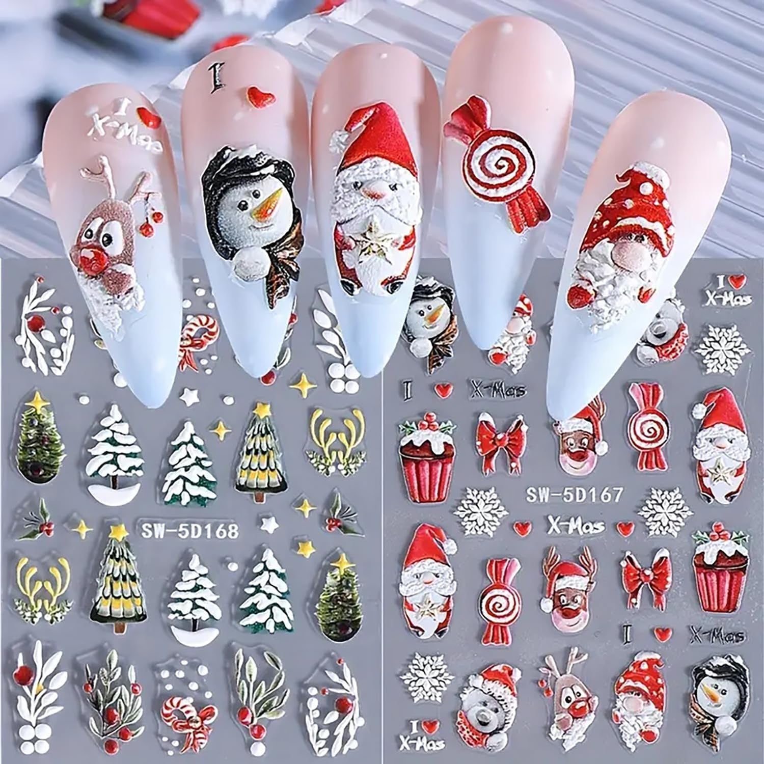 Christmas Nail Art Stickers Decals 5D Embossed Nail Design Stickers Christmas Tree Elk Snowman Nail Stickers Winter Xmas Nail Art Decals Self Adhesive Nail Supplies for Women Nail Decorations, 2Pcs