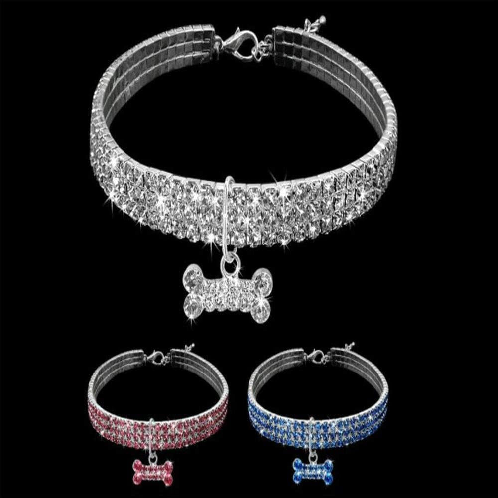 Amazing 3 Rows Rhinestones Necklace Pet Cat Dog Collar Bling Rhinestone Bone Jewelry Party Wedding Accessories,White,M:10-12" Neck