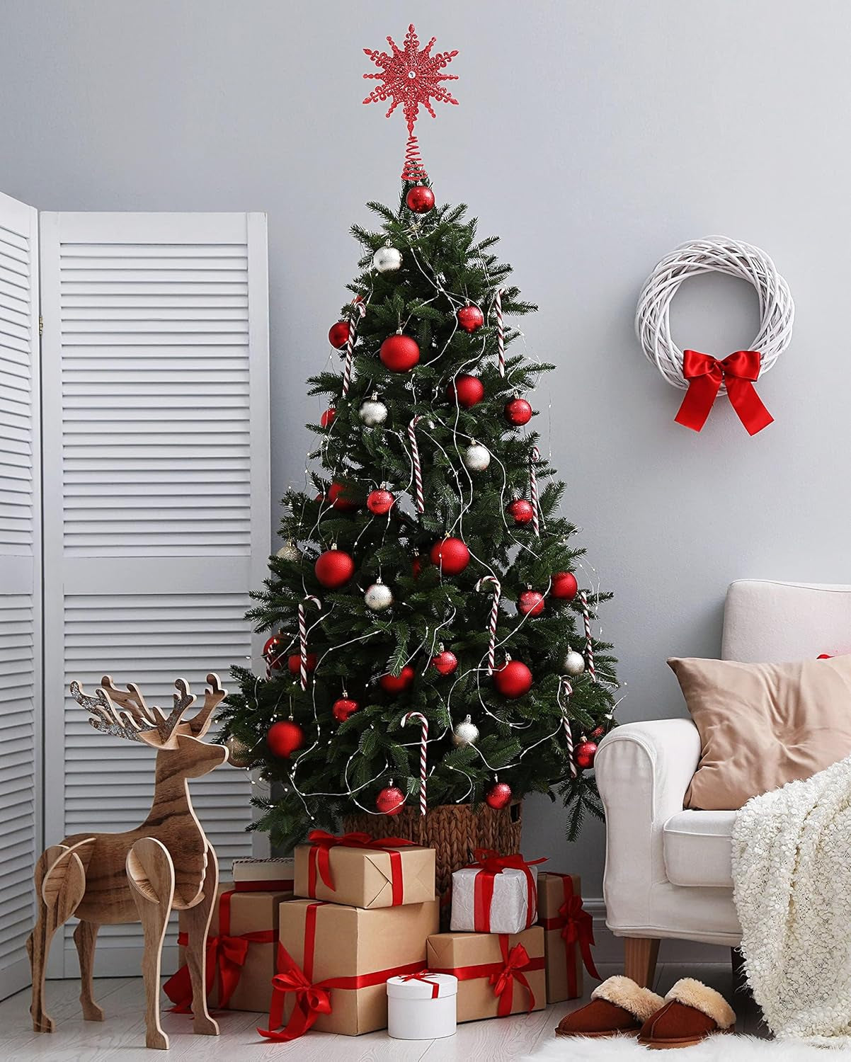 8 Inch Red Glittered Filigree Christmas Star Tree Topper Star/Home Décor Ornaments (Red)