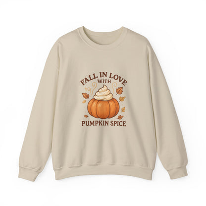 Pumpkin Spice Fall Sweatshirt – “Fall in Love with Pumpkin Spice” Cozy Crewneck with Whipped Cream Pumpkin & Leaves