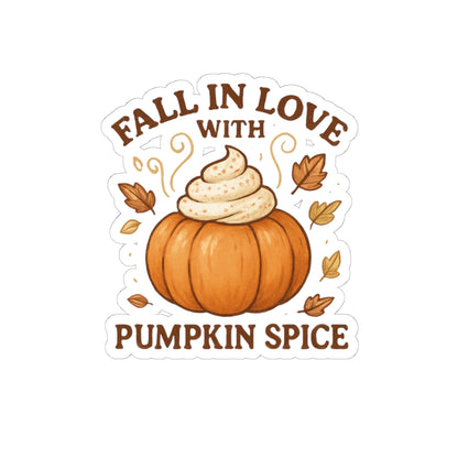 Pumpkin Spice Everything Sticker – “Fall in Love with Pumpkin Spice” Autumn Sticker with Whipped Cream Pumpkin & Leaves