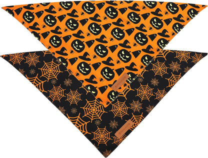 Spooktacular Halloween Dog Bandanas - 2 Pack of Reversible Pumpkin & Spider Web Bibs for Large Pets, Premium Durable Fabric, Adjustable Fit