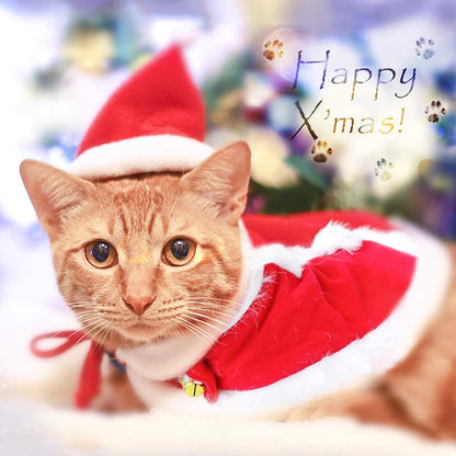 Cat Christmas Costume, Cat Santa Hat with Cloak Set, Small Dog Christmas Warm Coat, Xmas Hat Outfits for Rabbit, Red Kitten Clothes New Year Apparel, Adjustable