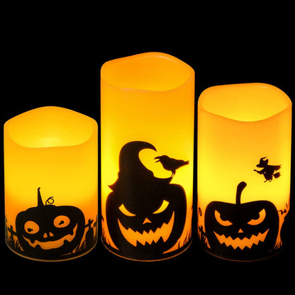 Spooktacular Halloween Flameless Candles Set - LED Flickering Pillar Candles with 6H Timer & Pumpkin Decals - Perfect for Fall Festival Decor (Set of 3: 3”, 4”, 5” Heights)