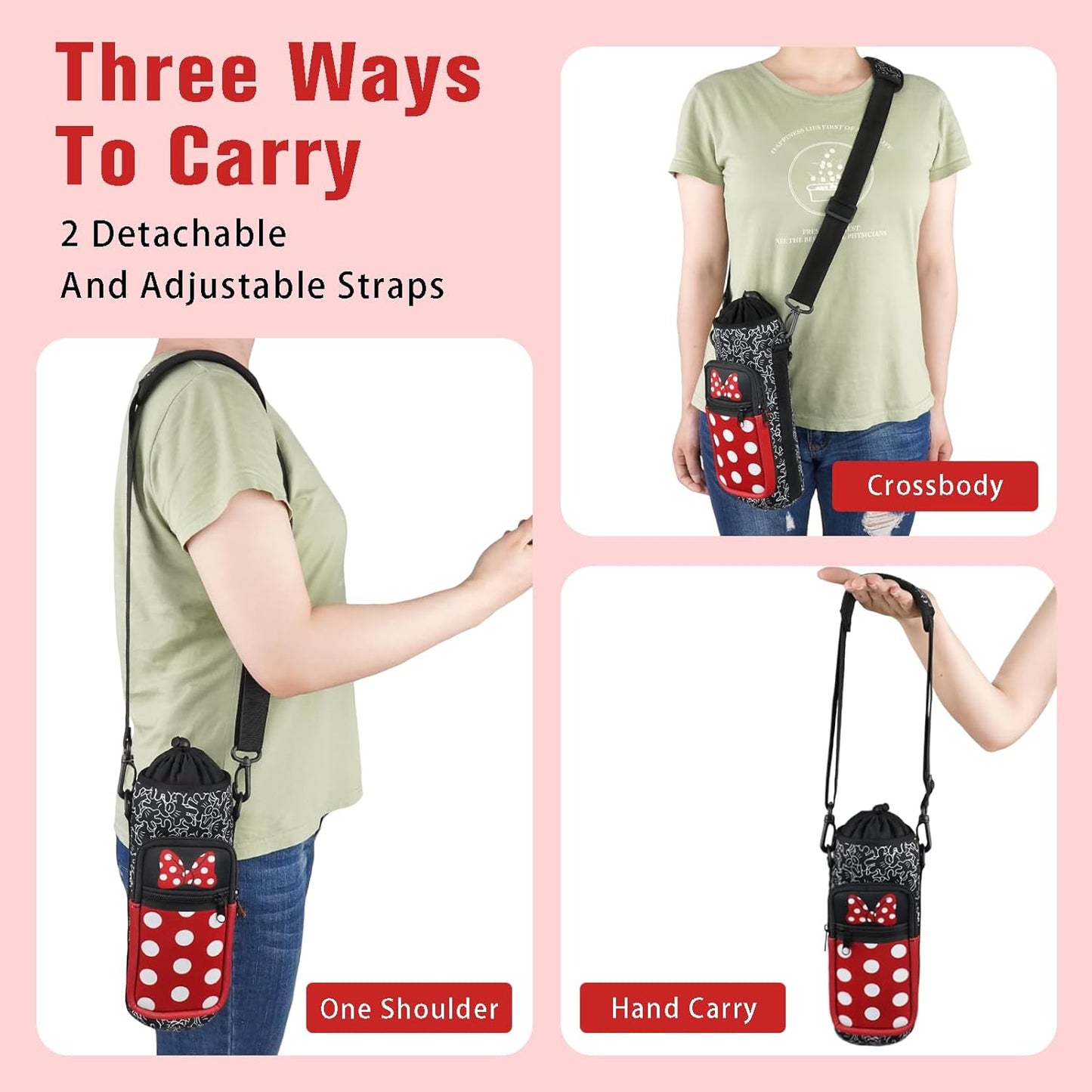 Cartoon Mouse Water Bottle Sleeve Cup Carrier Bag for 16/20/24/30/32/40 OZ Insulted Tumbler Holder with Strap for Women Girl Hiking Camping