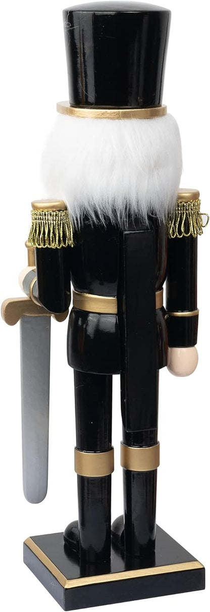 14" Festive Black Soldier Nutcracker - Wooden Decorative Figure with Sword for Holiday Indoor Table & Fireplace Decor
