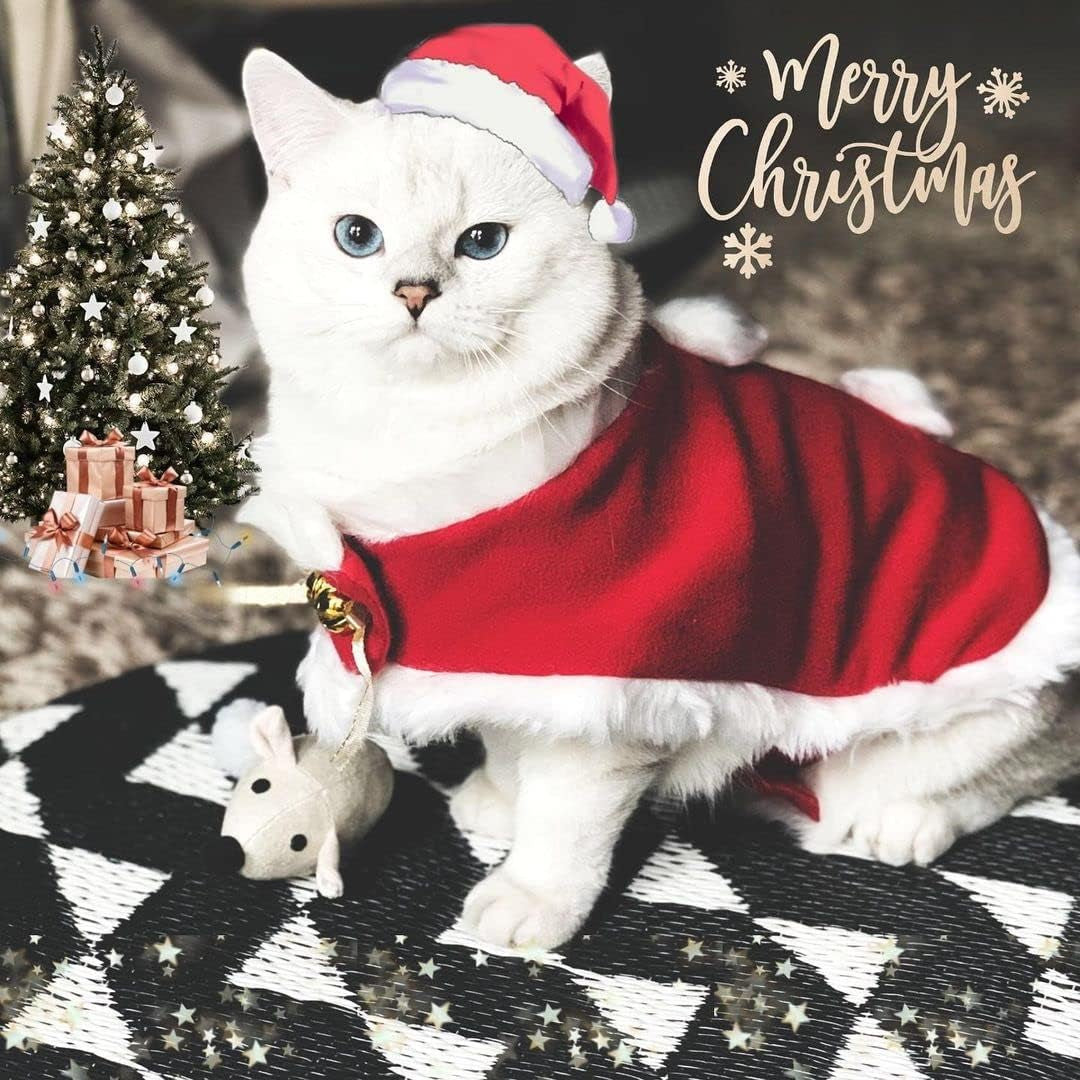 Cat Christmas Costume, Cat Santa Hat with Cloak Set, Small Dog Christmas Warm Coat, Xmas Hat Outfits for Rabbit, Red Kitten Clothes New Year Apparel, Adjustable