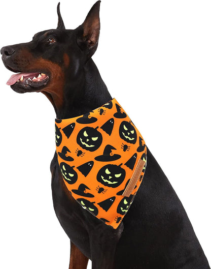 Spooktacular Halloween Dog Bandanas - 2 Pack of Reversible Pumpkin & Spider Web Bibs for Large Pets, Premium Durable Fabric, Adjustable Fit