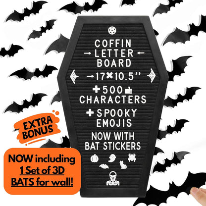 Coffin Shaped Letter Board with 3D Bat Stickers - 650 Characters & Spooky Emojis - Perfect Gothic Decor for Halloween, Weddings, Birthdays & Home - 17x10.5 Inches