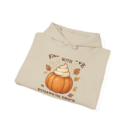 Pumpkin Spice Fall Hooded Sweatshirt – “Fall in Love with Pumpkin Spice” Cozy Crewneck with Whipped Cream Pumpkin & Leaves