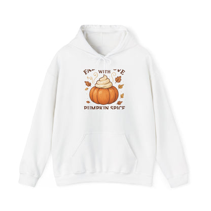 Pumpkin Spice Fall Hooded Sweatshirt – “Fall in Love with Pumpkin Spice” Cozy Crewneck with Whipped Cream Pumpkin & Leaves