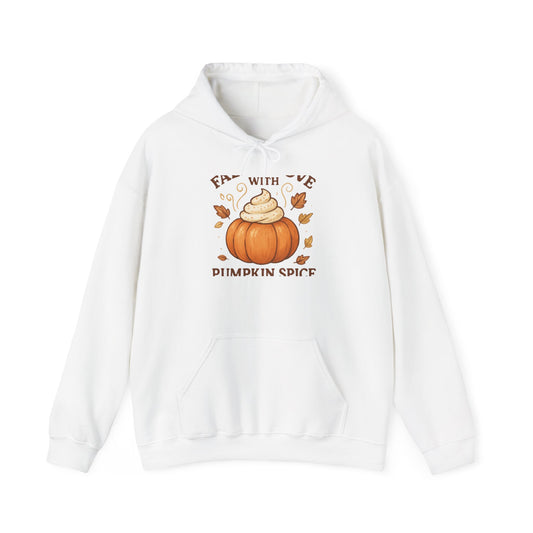 Pumpkin Spice Fall Hooded Sweatshirt – “Fall in Love with Pumpkin Spice” Cozy Crewneck with Whipped Cream Pumpkin & Leaves
