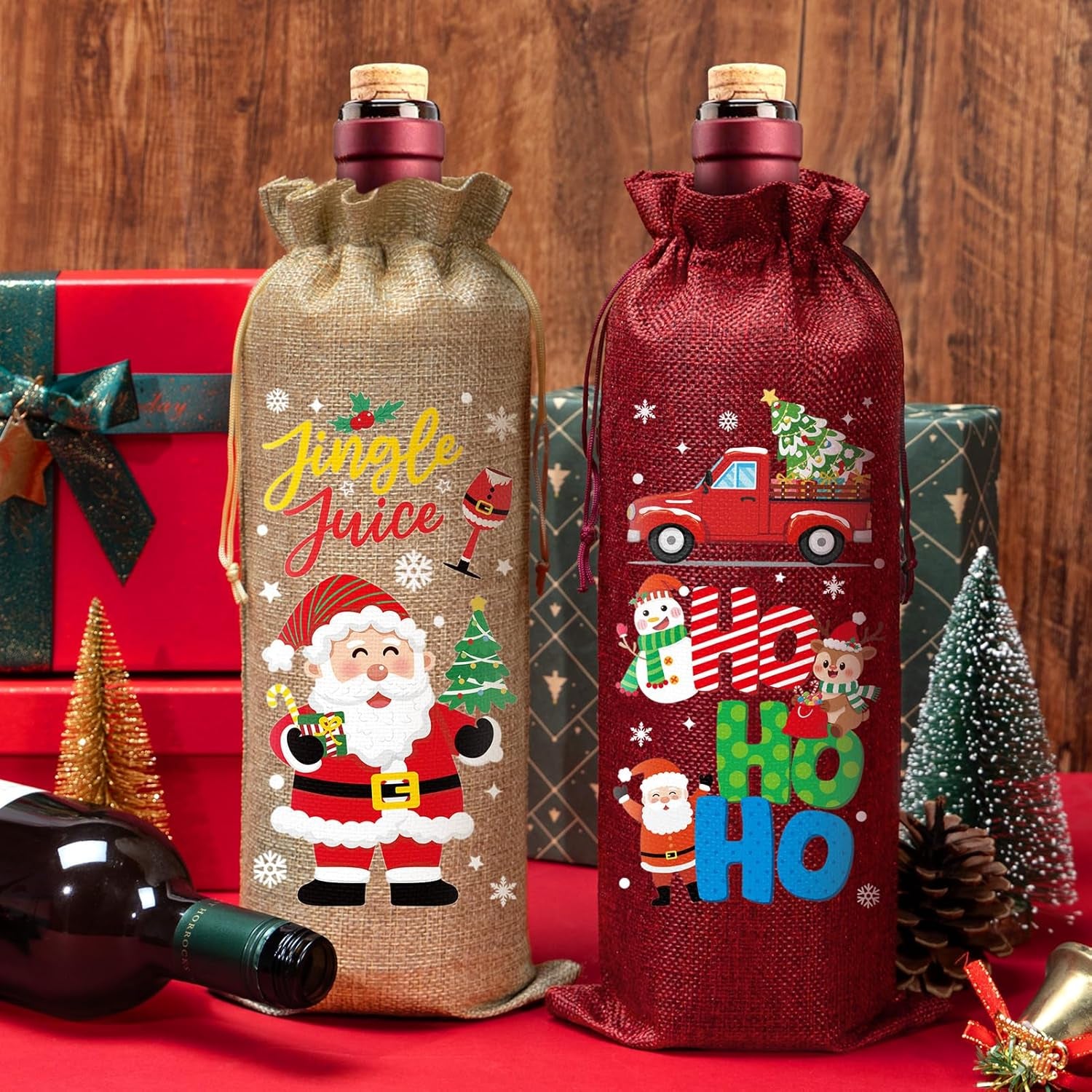 24Pcs Burlap Wine Bags Christmas Wine Gift Bags for Bottles Gifts, Christmas Bottle Bag with Drawstring Holiday Bag, Xmas Bottle Covers for Xmas New Year Holiday Party Decor