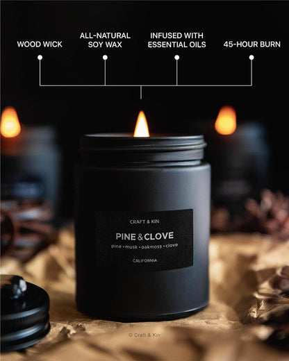 Premium Pine & Clove Candle | Black Christmas Scented Candles for Home | Christmas Tree Candle | Long Lasting with 45 Hour Burn Time, 7.6Oz | Soy Holiday Candles | Aromatherapy at Home