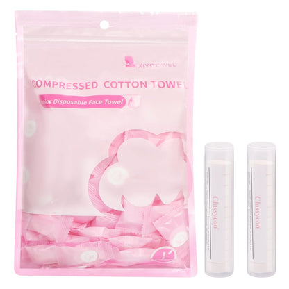 Classycoo Compressed Towel 100 PCS Mini Tablets Disposable Portable Face Towel Cotton Coin Tissue Eco-Friendly for Travel, Camping, Hiking, Sport, Beauty, Home Hand Wipes, Outdoor Activities Pink