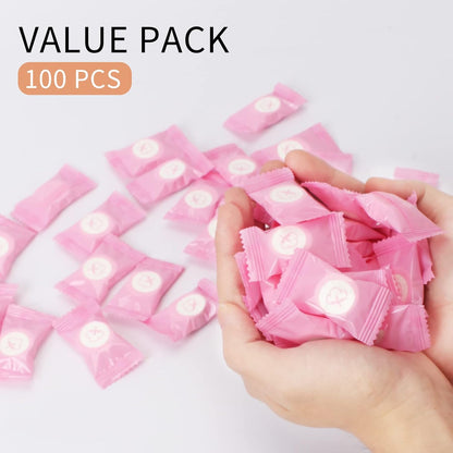 Compressed Towel 100 PCS Mini Tablets Disposable Portable Face Towel Cotton Coin Tissue Eco-Friendly for Travel, Camping, Hiking, Sport, Beauty, Home Hand Wipes, Outdoor Activities Pink