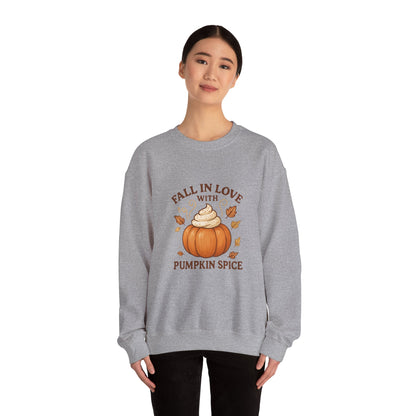 Pumpkin Spice Fall Sweatshirt – “Fall in Love with Pumpkin Spice” Cozy Crewneck with Whipped Cream Pumpkin & Leaves