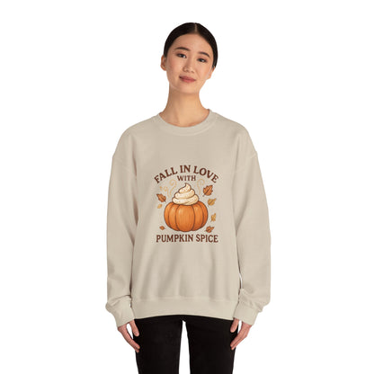 Pumpkin Spice Fall Sweatshirt – “Fall in Love with Pumpkin Spice” Cozy Crewneck with Whipped Cream Pumpkin & Leaves