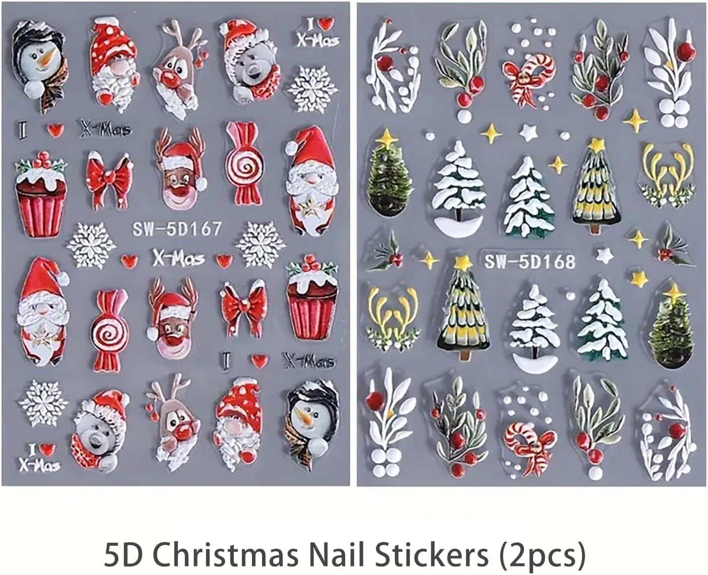 Christmas Nail Art Stickers Decals 5D Embossed Nail Design Stickers Christmas Tree Elk Snowman Nail Stickers Winter Xmas Nail Art Decals Self Adhesive Nail Supplies for Women Nail Decorations, 2Pcs