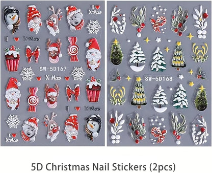 Christmas Nail Art Stickers Decals 5D Embossed Nail Design Stickers Christmas Tree Elk Snowman Nail Stickers Winter Xmas Nail Art Decals Self Adhesive Nail Supplies for Women Nail Decorations, 2Pcs