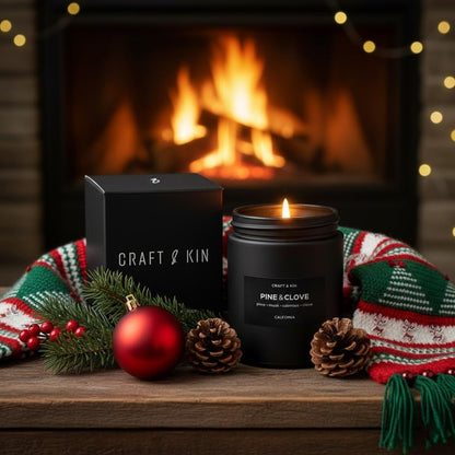 Premium Pine & Clove Candle | Black Christmas Scented Candles for Home | Christmas Tree Candle | Long Lasting with 45 Hour Burn Time, 7.6Oz | Soy Holiday Candles | Aromatherapy at Home