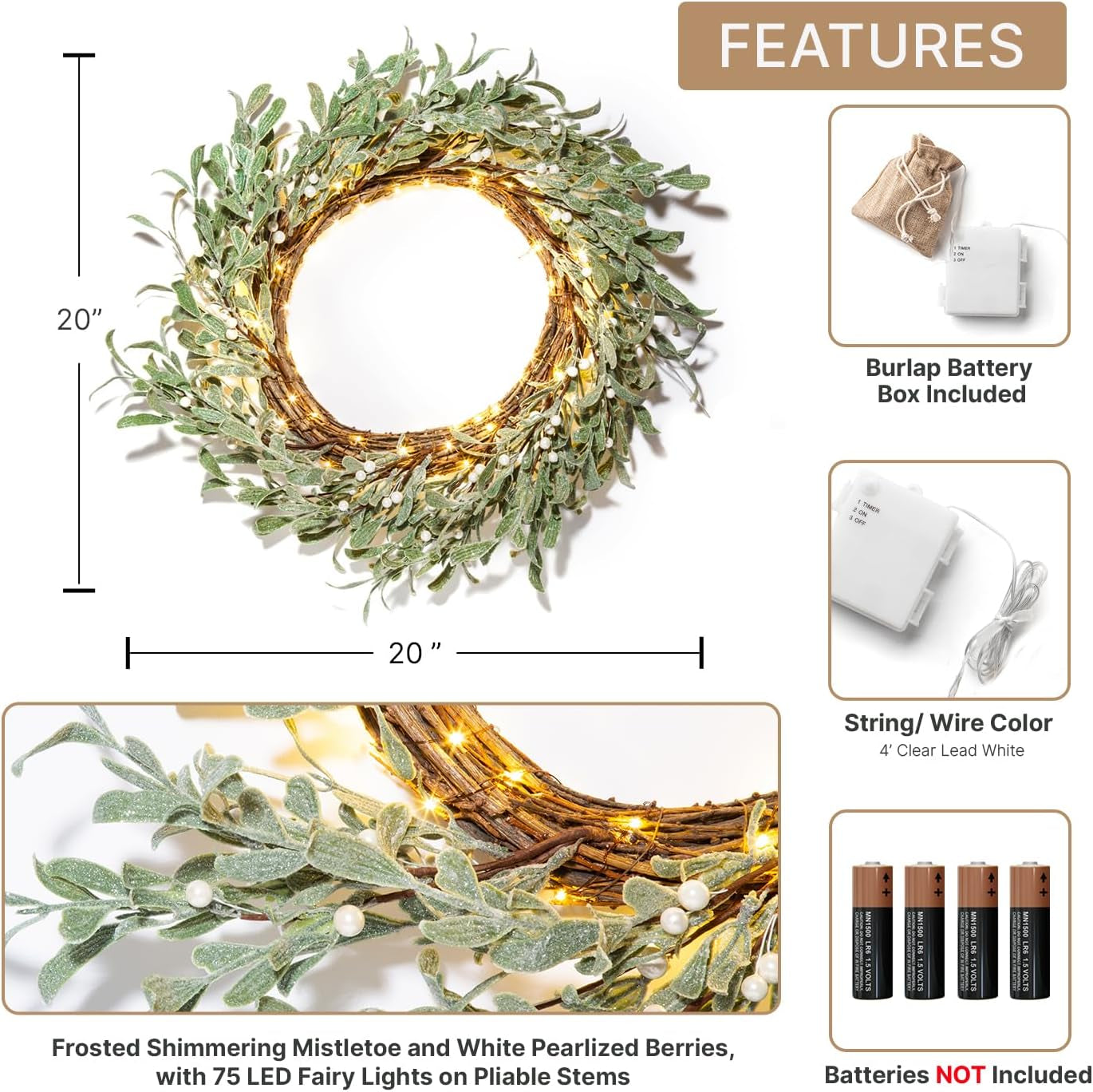 Winter Wreaths for Front Door Outside, 20 Inch Flocked Wreath with Mistletoe & Pearly White Berries, 75 LED Lights, Battery Powered, Timer, Farmhouse Wreath, Winter Wreaths for Indoors