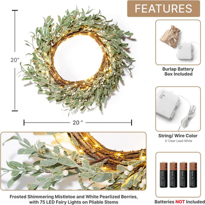 Winter Wreaths for Front Door Outside, 20 Inch Flocked Wreath with Mistletoe & Pearly White Berries, 75 LED Lights, Battery Powered, Timer, Farmhouse Wreath, Winter Wreaths for Indoors