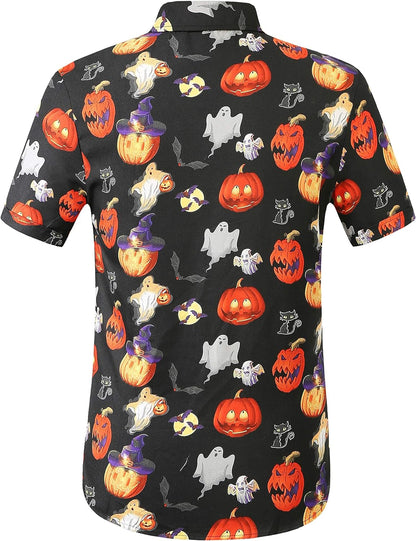 Stylish Men's Halloween Pumpkin Button-Down Shirt - Lightweight Short Sleeve Casual Wear