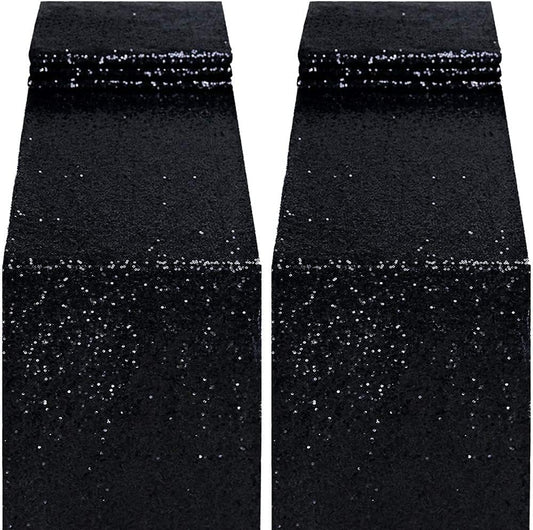 Stunning Black Sequin Table Runner Set - 2 Pack Glitter 12''X108'' for Graduation, Birthdays, Weddings, Christmas, and Halloween Parties