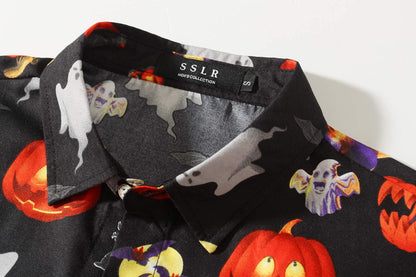 Stylish Men's Halloween Pumpkin Button-Down Shirt - Lightweight Short Sleeve Casual Wear