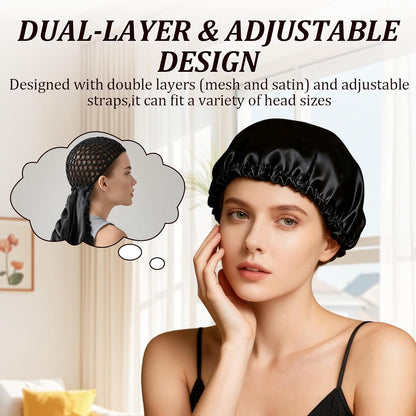 2 In1 Wrap Cap Bonnet Reversible Adjustable Tie Band, Silk Bonnet Hair Wrap Cap for Silk Press, New Satinbonnet for Sleeping, Double Layered Nettie Band for Curly Natural and Braided Hair (Black)