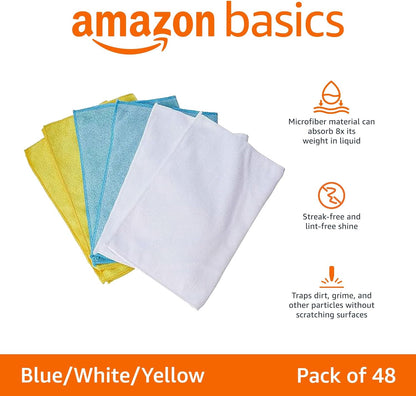 Microfiber Cleaning Cloths, Non-Abrasive, Reusable and Washable, Pack of 48, Blue/White/Yellow, 16" X 12"