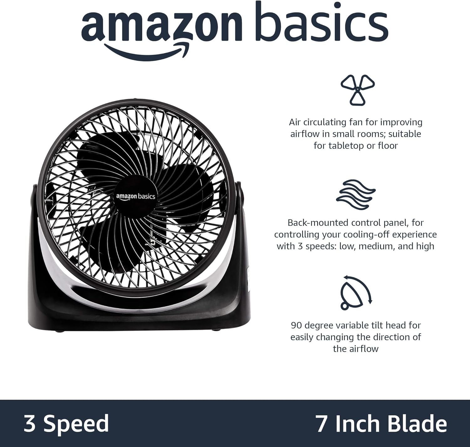 Air Circulator Fan, Desk Fan for Bedroom, Home and Office, with 90-Degree Tilt Head, 3 Speed Settings, Lightweight (3 LBS), 35 Watts, Black, 11.1"W X 6.3"D X 10.9"H