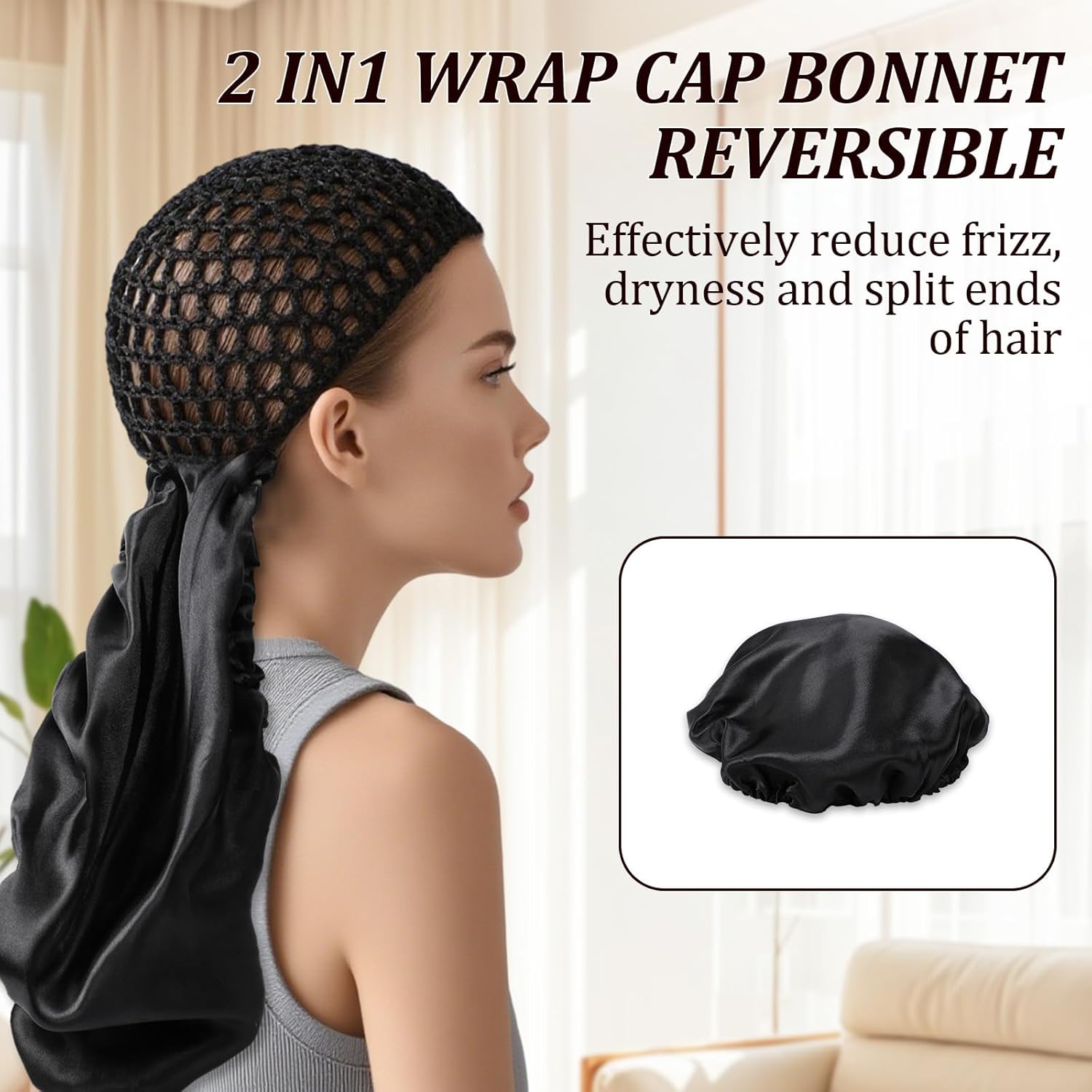 2 In1 Wrap Cap Bonnet Reversible Adjustable Tie Band, Silk Bonnet Hair Wrap Cap for Silk Press, New Satinbonnet for Sleeping, Double Layered Nettie Band for Curly Natural and Braided Hair (Black)