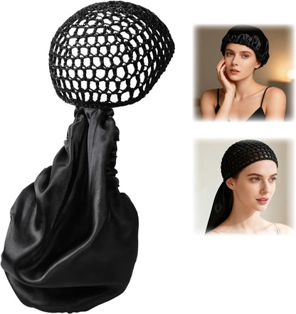 2 In1 Wrap Cap Bonnet Reversible Adjustable Tie Band, Silk Bonnet Hair Wrap Cap for Silk Press, New Satinbonnet for Sleeping, Double Layered Nettie Band for Curly Natural and Braided Hair (Black)