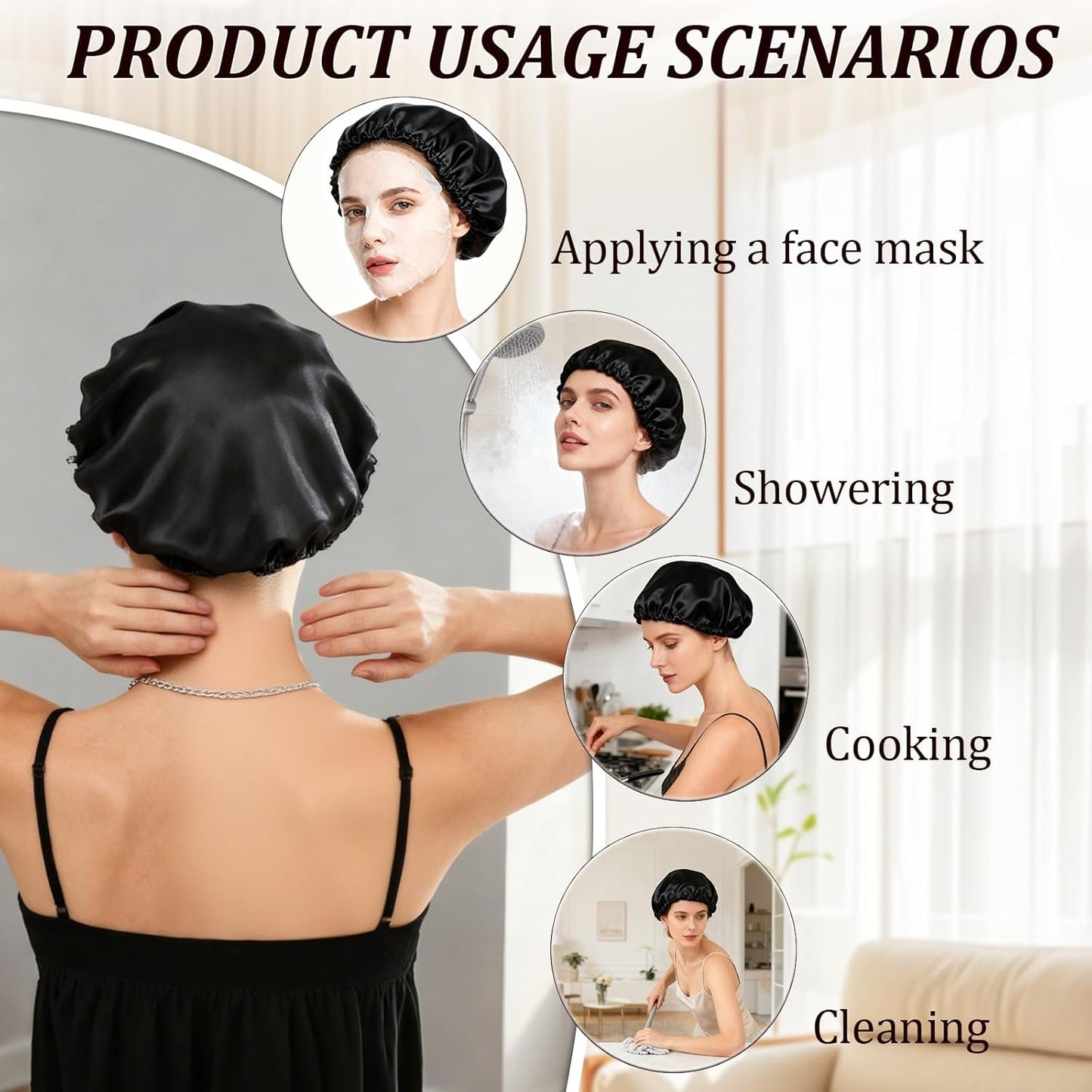 2 In1 Wrap Cap Bonnet Reversible Adjustable Tie Band, Silk Bonnet Hair Wrap Cap for Silk Press, New Satinbonnet for Sleeping, Double Layered Nettie Band for Curly Natural and Braided Hair (Black)