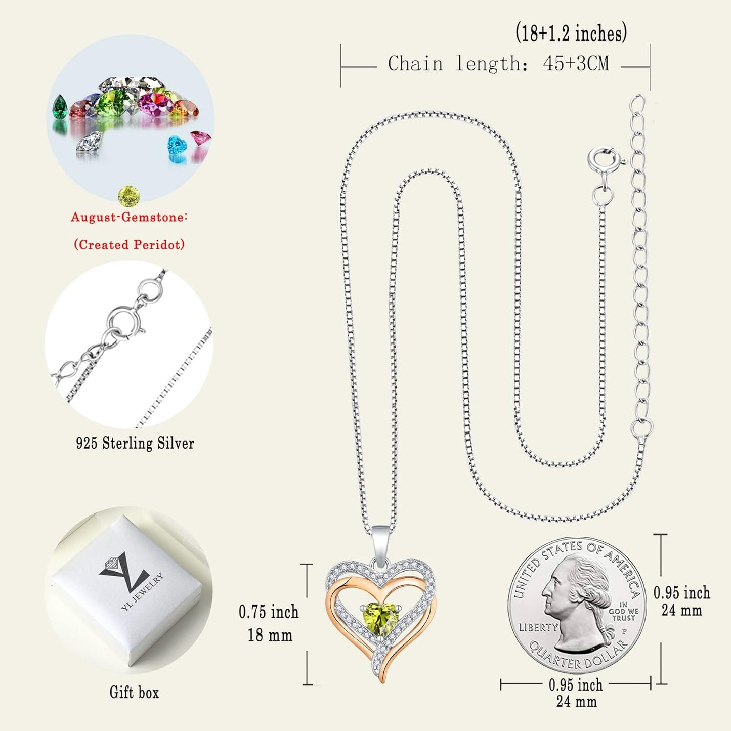 925 Sterling Silver Heart Necklace for Women Double Love Heart Pendant Birthstone Jewelry for Mom